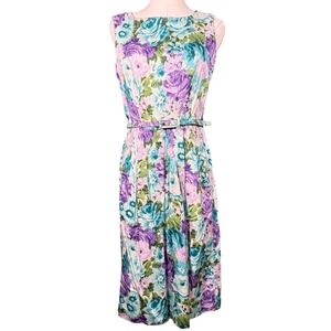 Talbots Floral Cotton Sheath Dress Purple Teal Womens 6P Petite